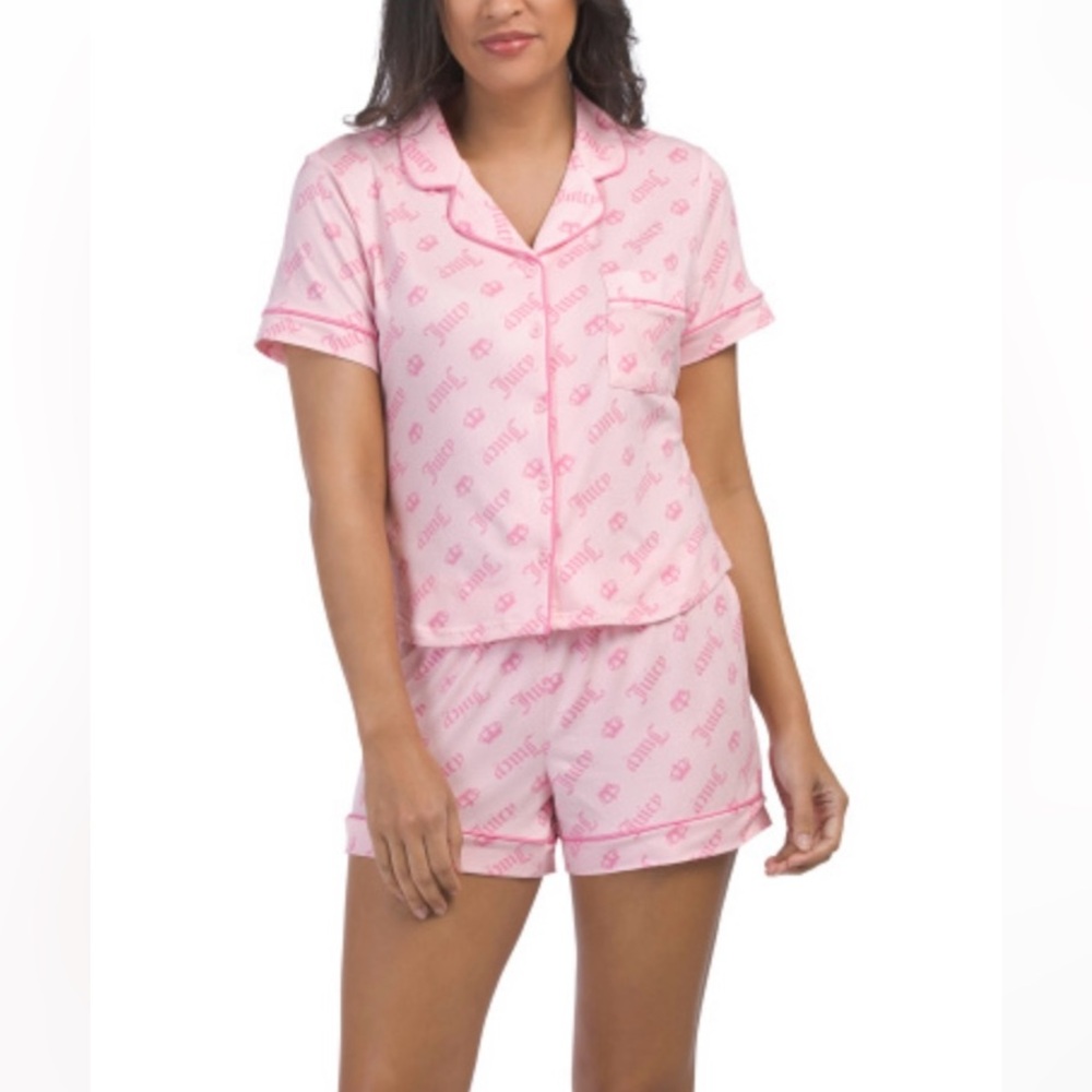 NWT Juicy Couture Crown Toss Short Sleeve Notch Collar Top And Shorts Pj Set
